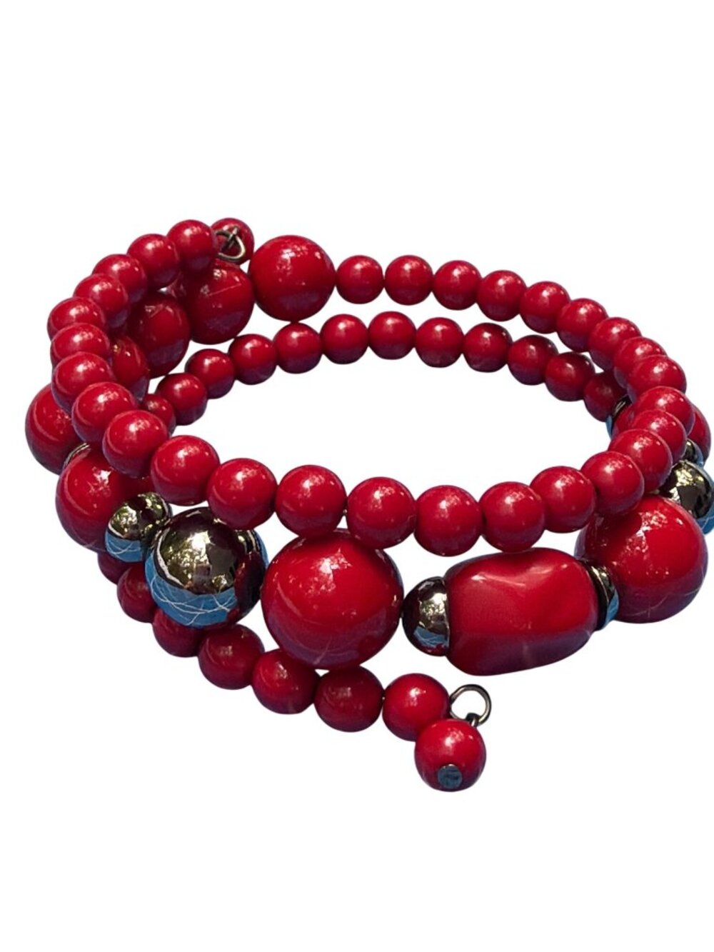 Red Gunmetal Acrylic Bead Memory Wire Bracelet Adjustable Bangle Round